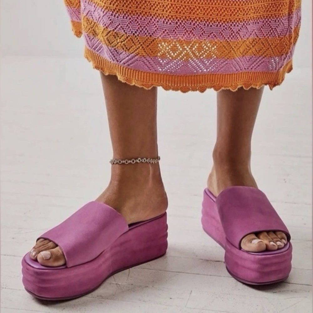 Free People Harbor Flatform Sandals 38 (US 8) Pink Leather Mule Chunky Platform